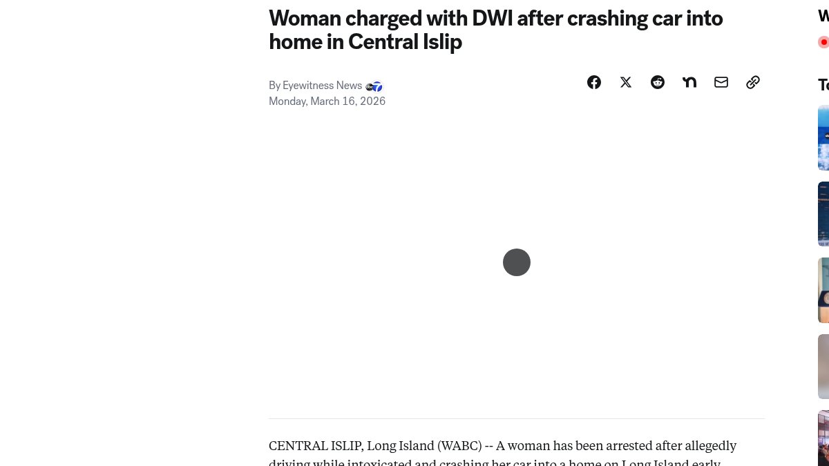 Central Islip woman charged with DWI after crashing car into home on Long Island, NY - ABC7 New York